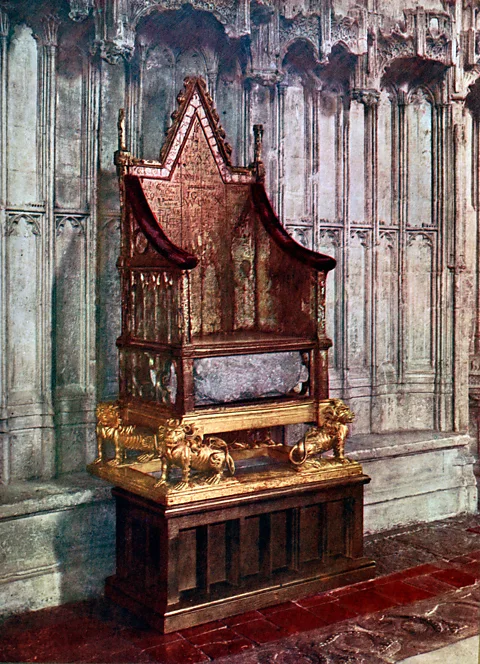 Flag of the Coronation Chair with the Stone of Destiny under the seat, at Westminster Abbey in 1937