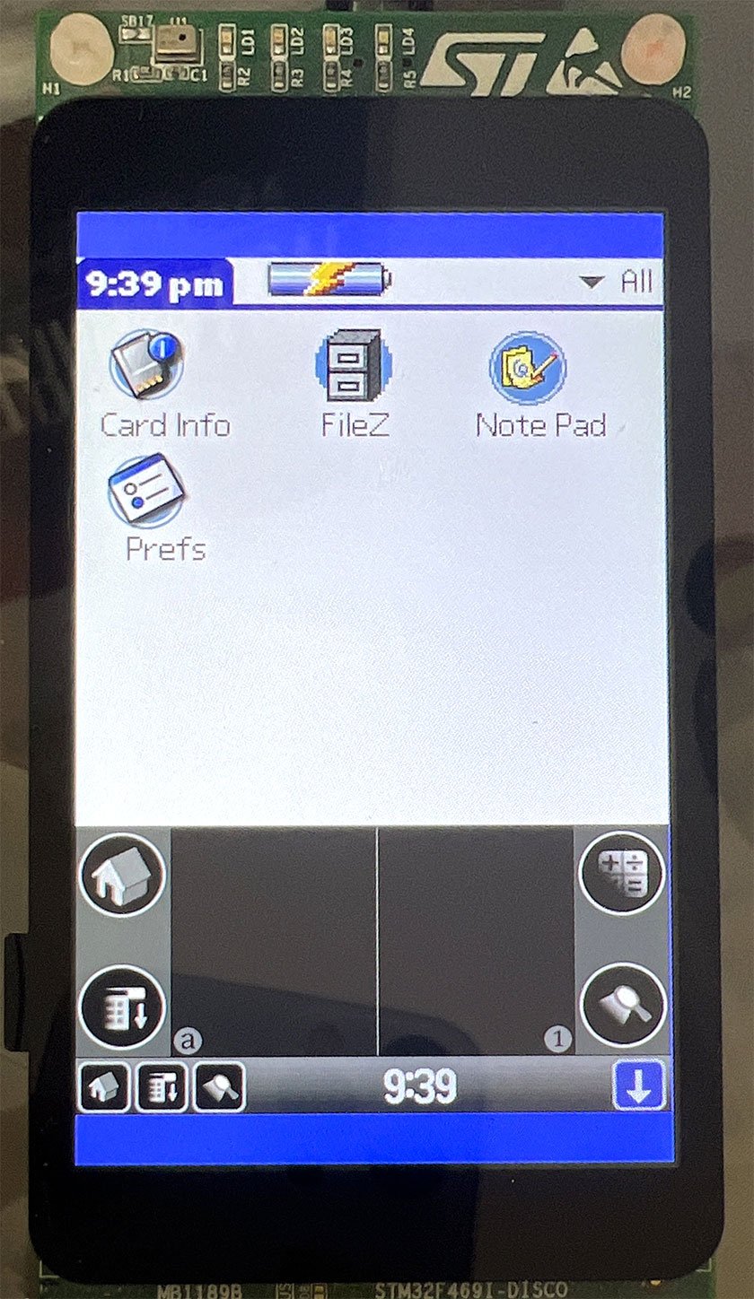 STM32F469DISCO board running PalmOS