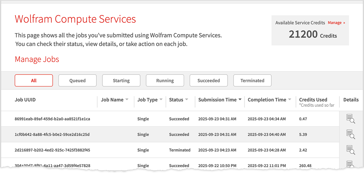 Wolfram Compute Services dashboard Wolfram Compute Services dashboard