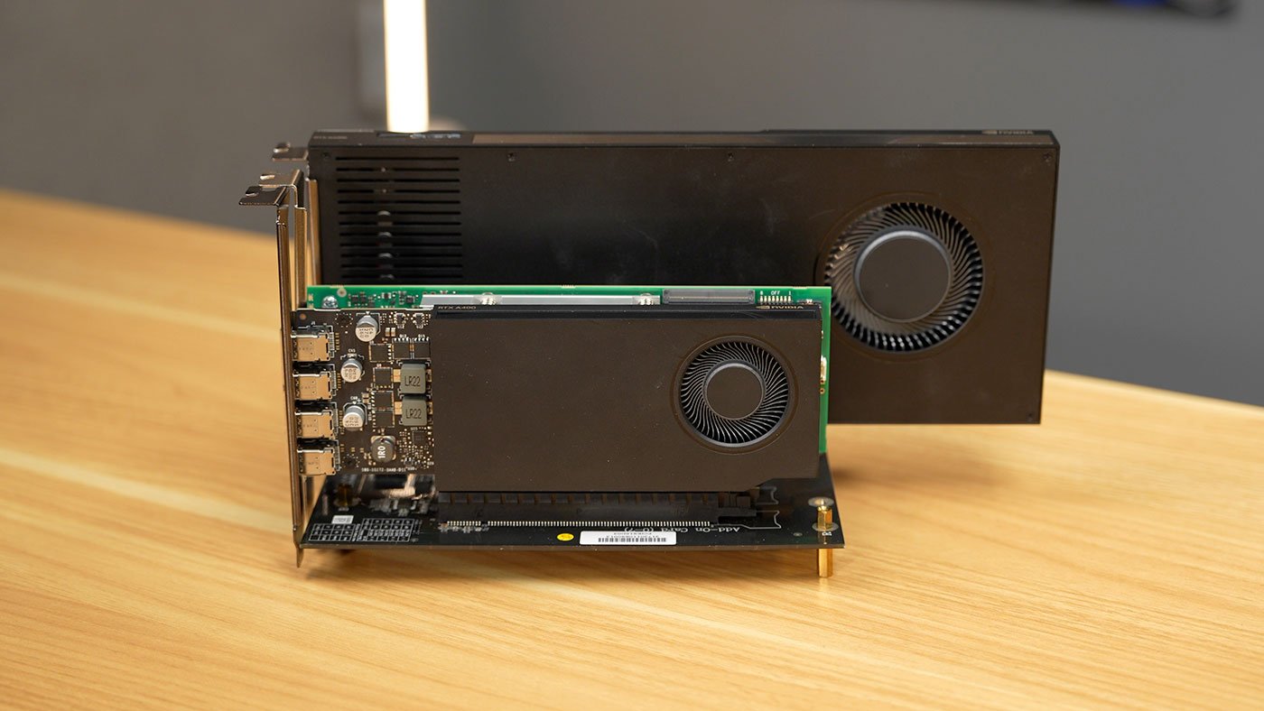 Two GPUs in Dolphin PCIe Interconnect board - Nvidia RTX A400 and A4000