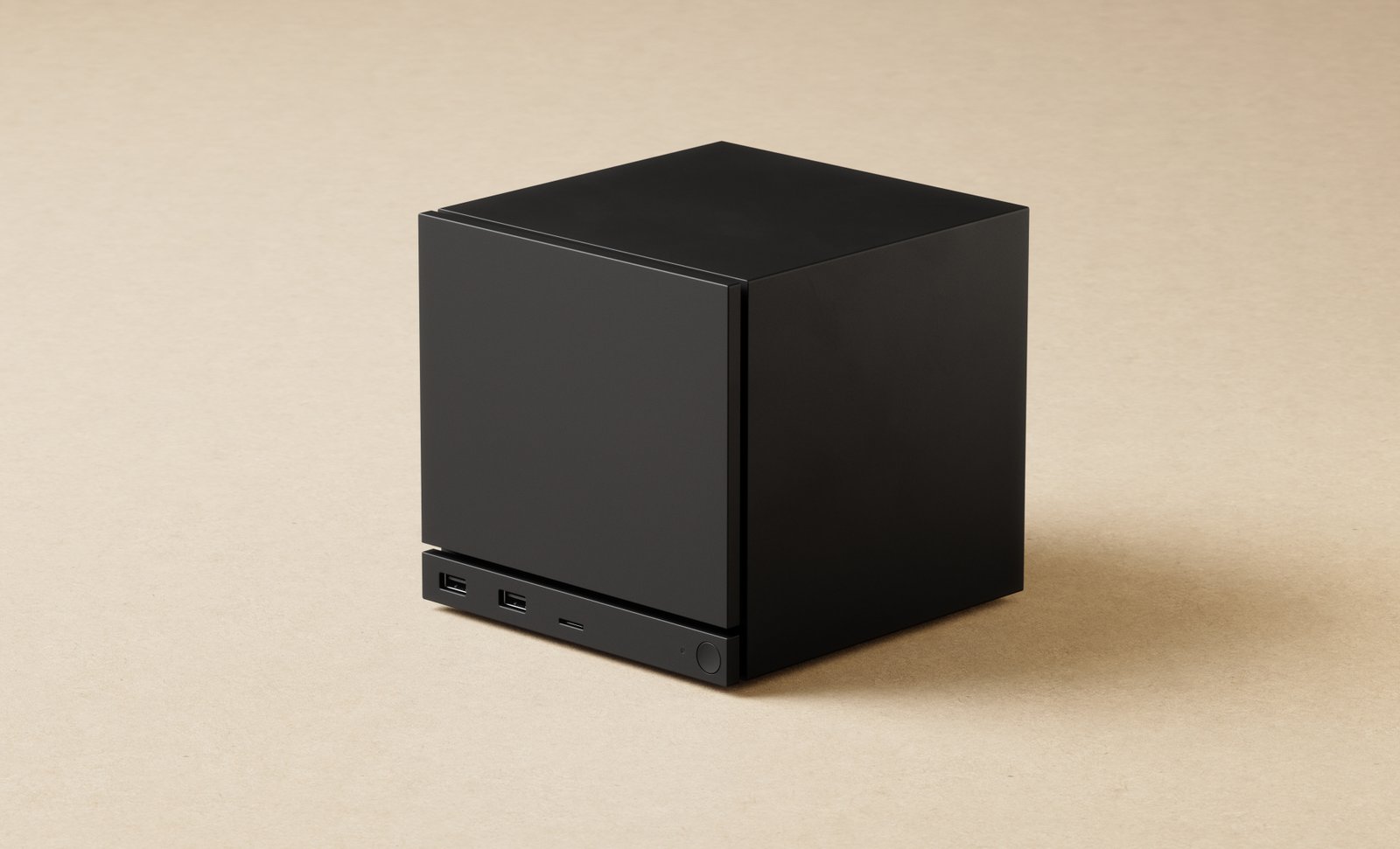 Valve Steam Machine render showing the cube-shaped desktop PC on a cream-colored background