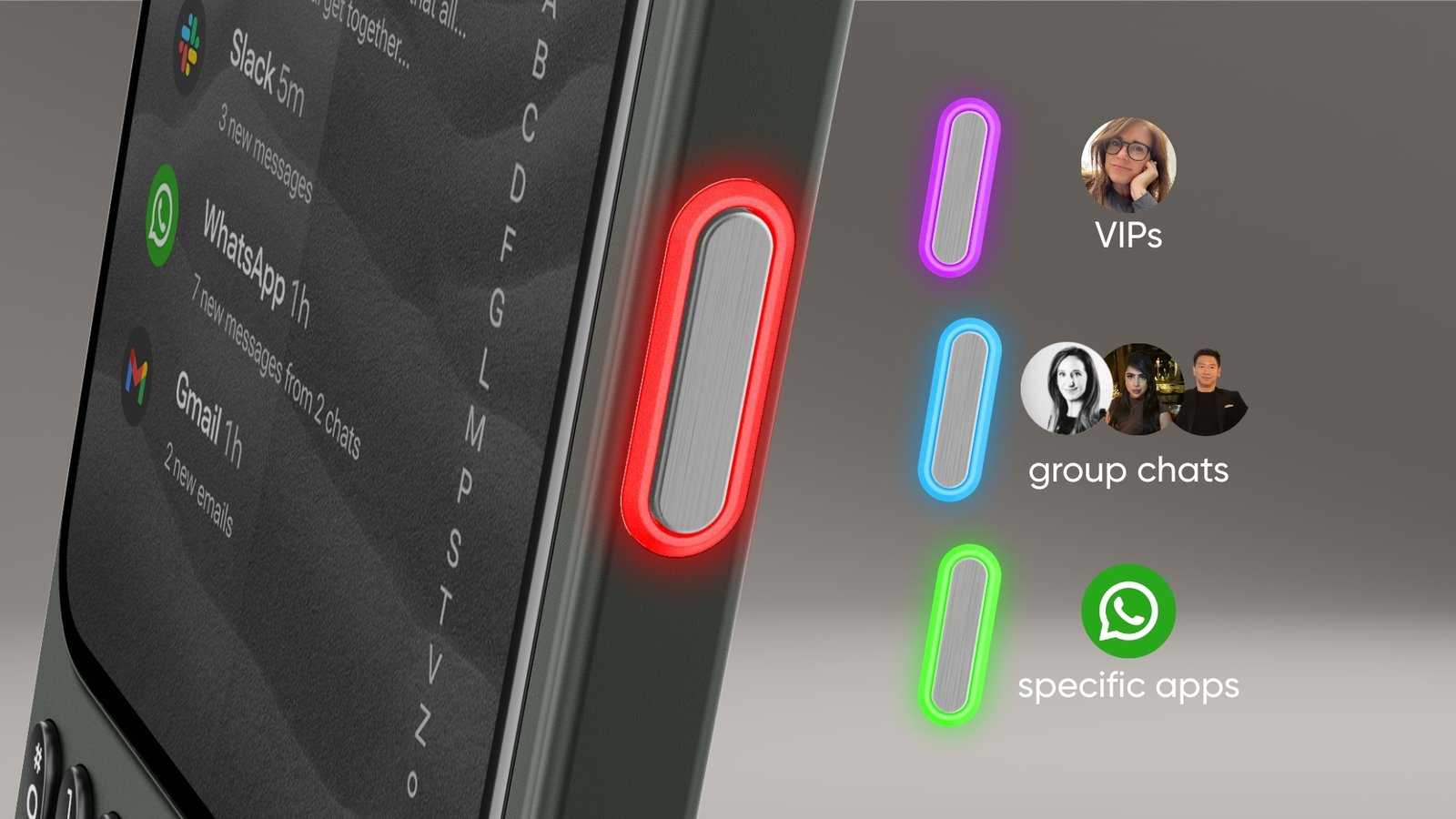 Screenshot showing a close-up of the lit button on the side of Clicks Communicator. It features a red-lit button to show messages from specific people, different colors for other people or types of messages the user can prioritize.