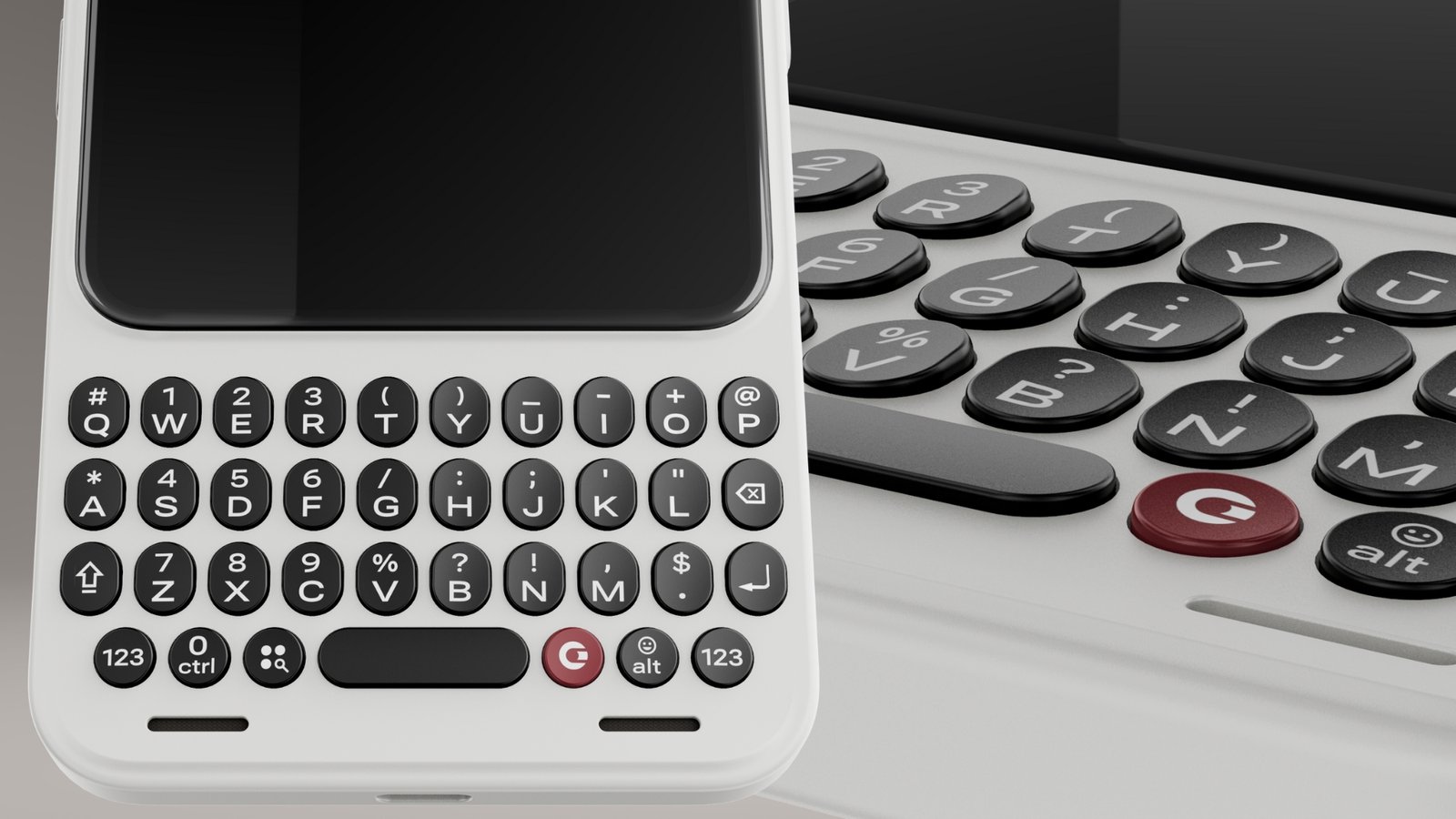 Close-up showing the physical tactile keyboard on the Clicks Communicator.