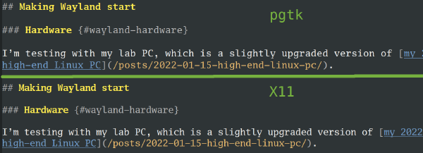 Different text rendering in Emacs (pgtk vs. X11)