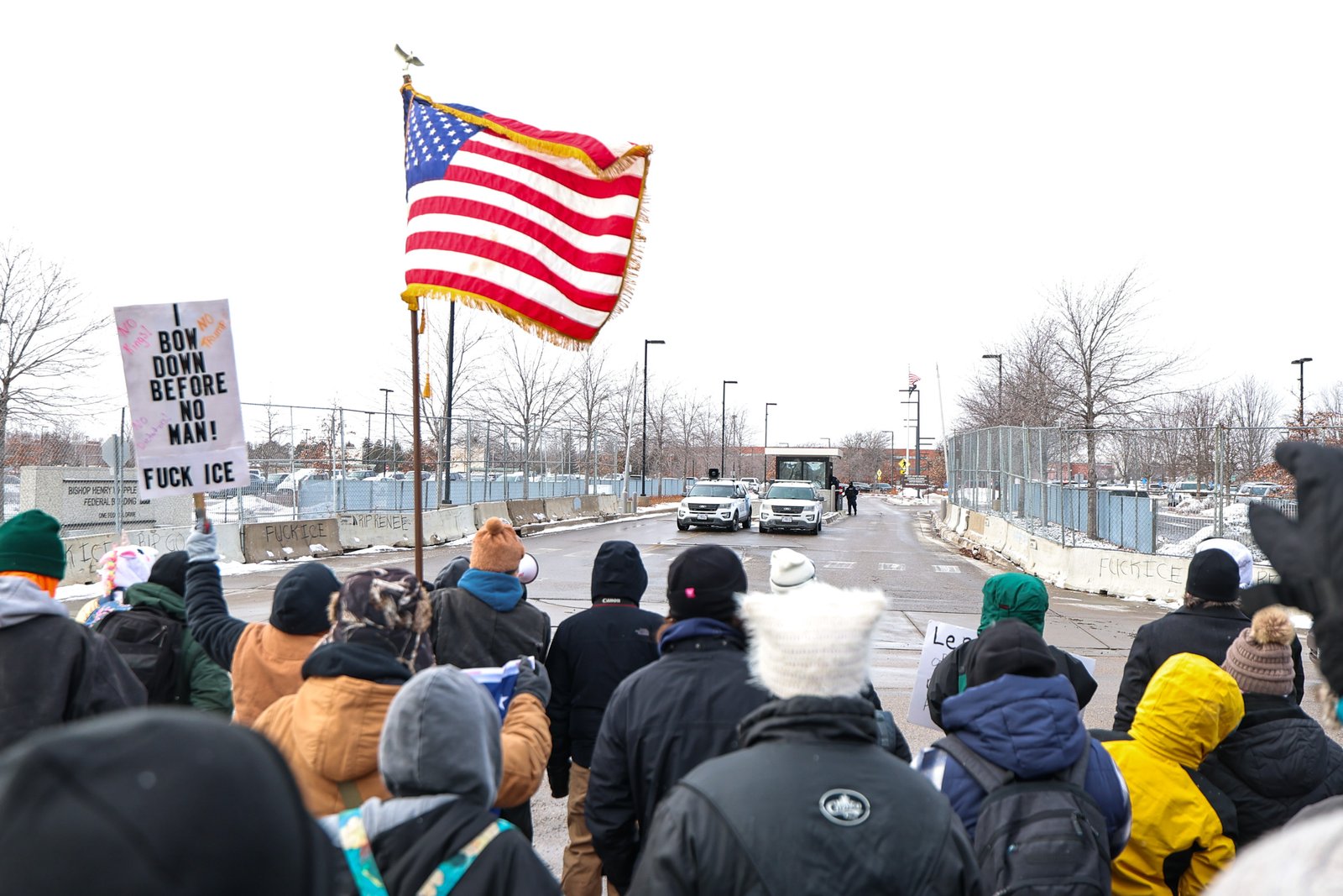 Demonstrators protest outside the Whipple Federal Building on January 17, 2026 in Minneapolis, Minnesota. Protests escalated around Minneapolis/St. Paul metro area following the fatal shooting of Renee Judd by an immigration enforcement agent during an incident in south Minneapolis on January 7