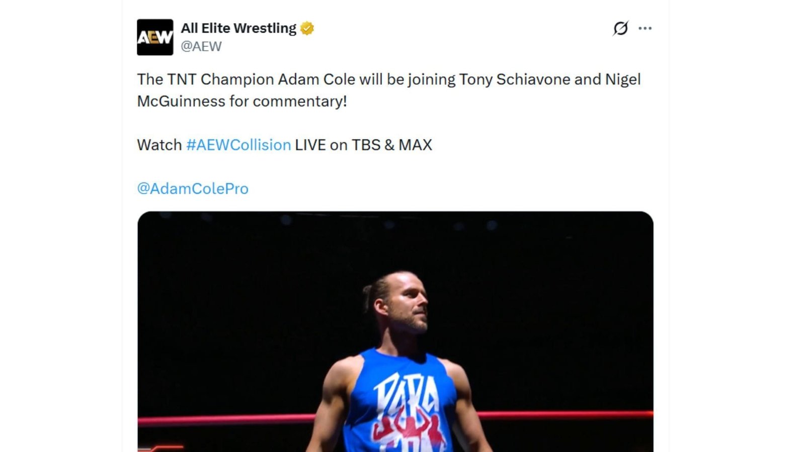 Adam Cole is on his way to the commentary desk for Collision [Source: @AEW on X]