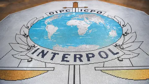 OLIVIER CHASSIGNOLE/AFP via Getty Images A mosaic on the floor of the Interpol building showing the organisation