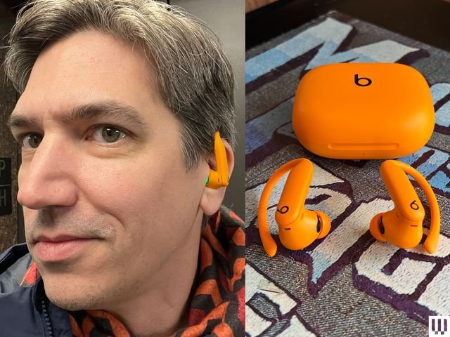 Left: Selfie of a person with short hair wearing orange Beats Powerbeats Pro 2 earbuds. Right: Around-the-ear curved earphones with an oval-shaped case.
