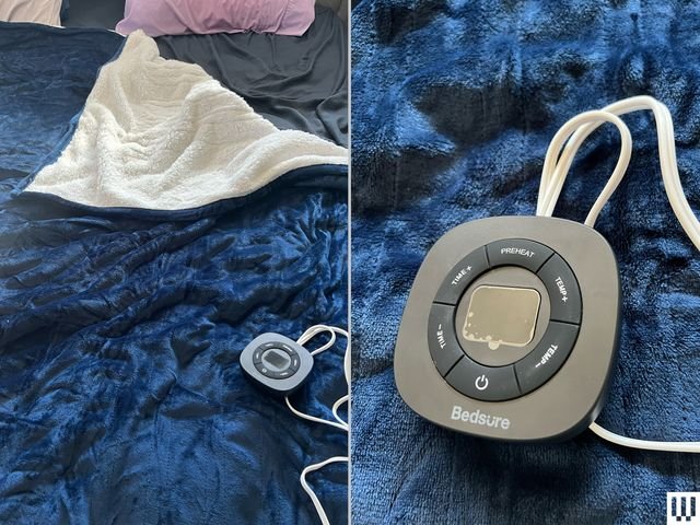 View of a blue solid flannel electric blanket spread out on a bed with the corner lifted up to reveal the white side, compared to a close-up of the console