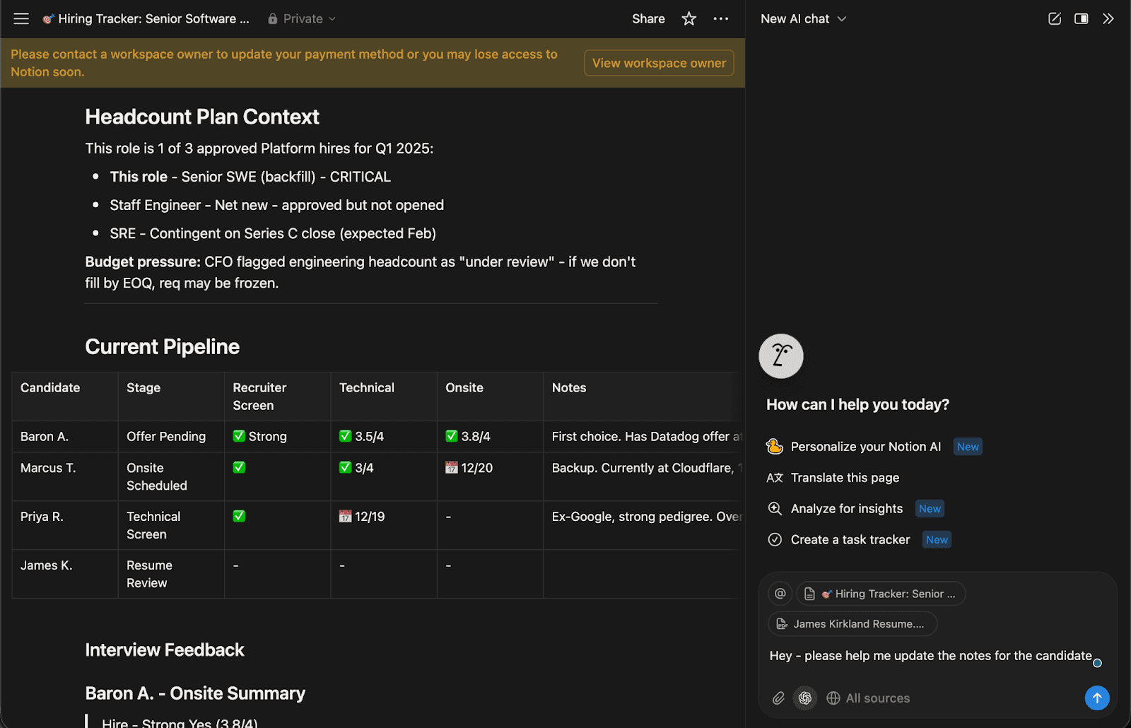 Notion interface with a hiring tracker document open on the left and Notion AI chat on the right. The user has attached a resume document to the chat and is asking