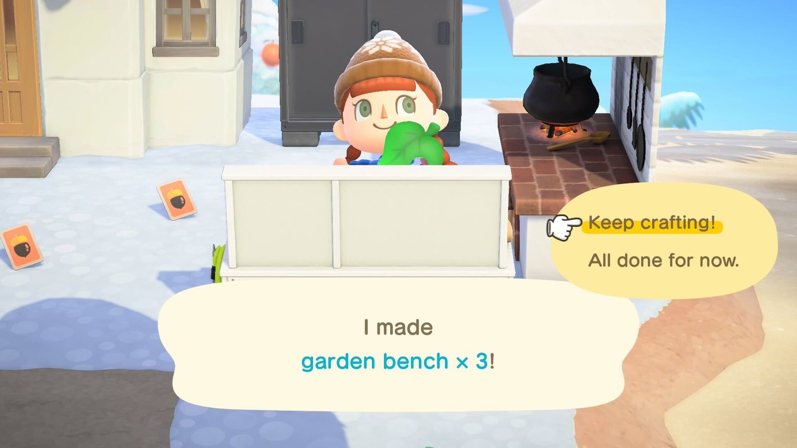 Player in Animal Crossing: New Horizons with a speech bubble saying 