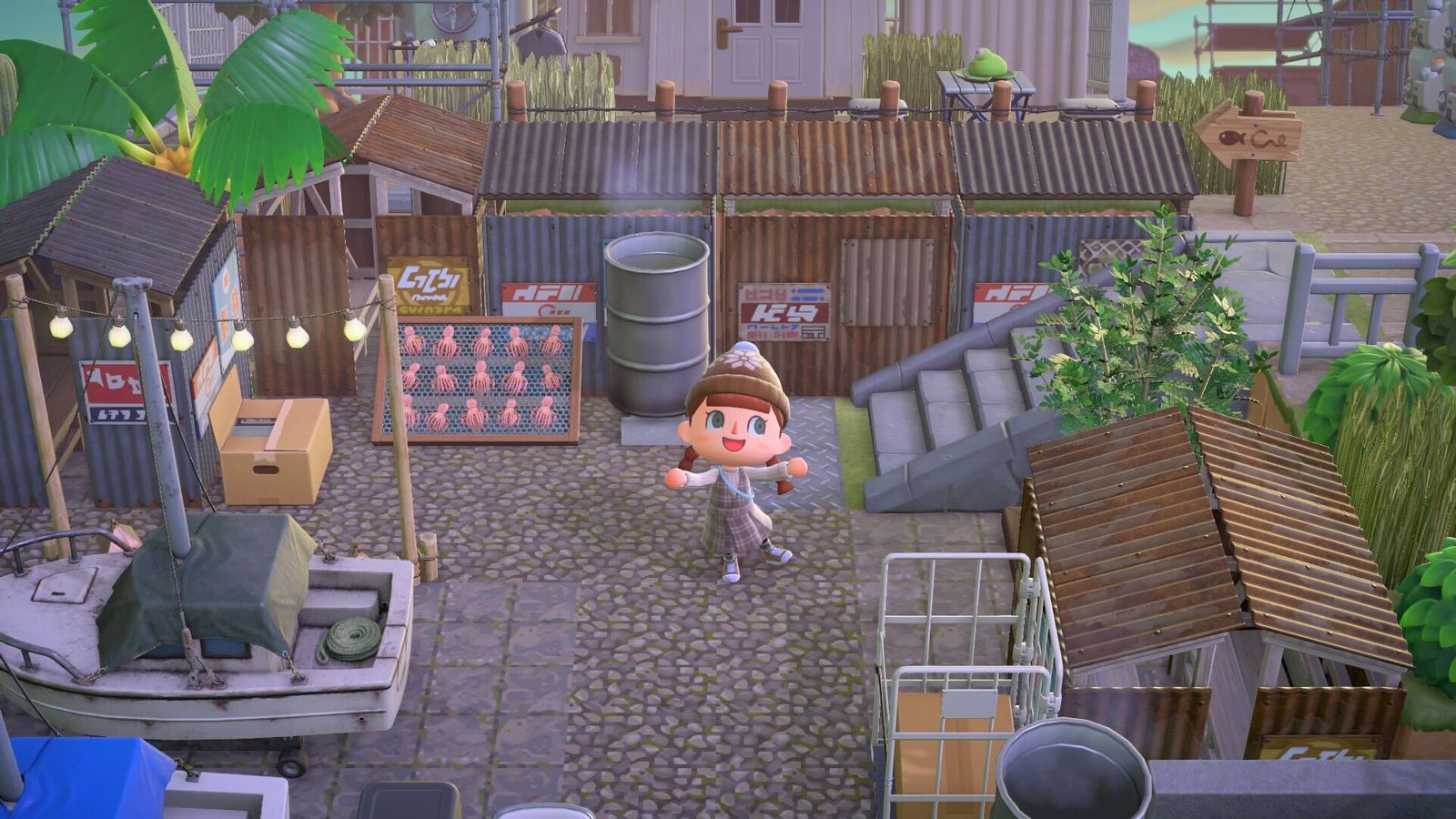 An Animal Crossing player character poses in a fishing spot on an island. It is designed to look old, dirty and rusty, with lots of custom designs and a large amount of furniture pieces to complete the look.