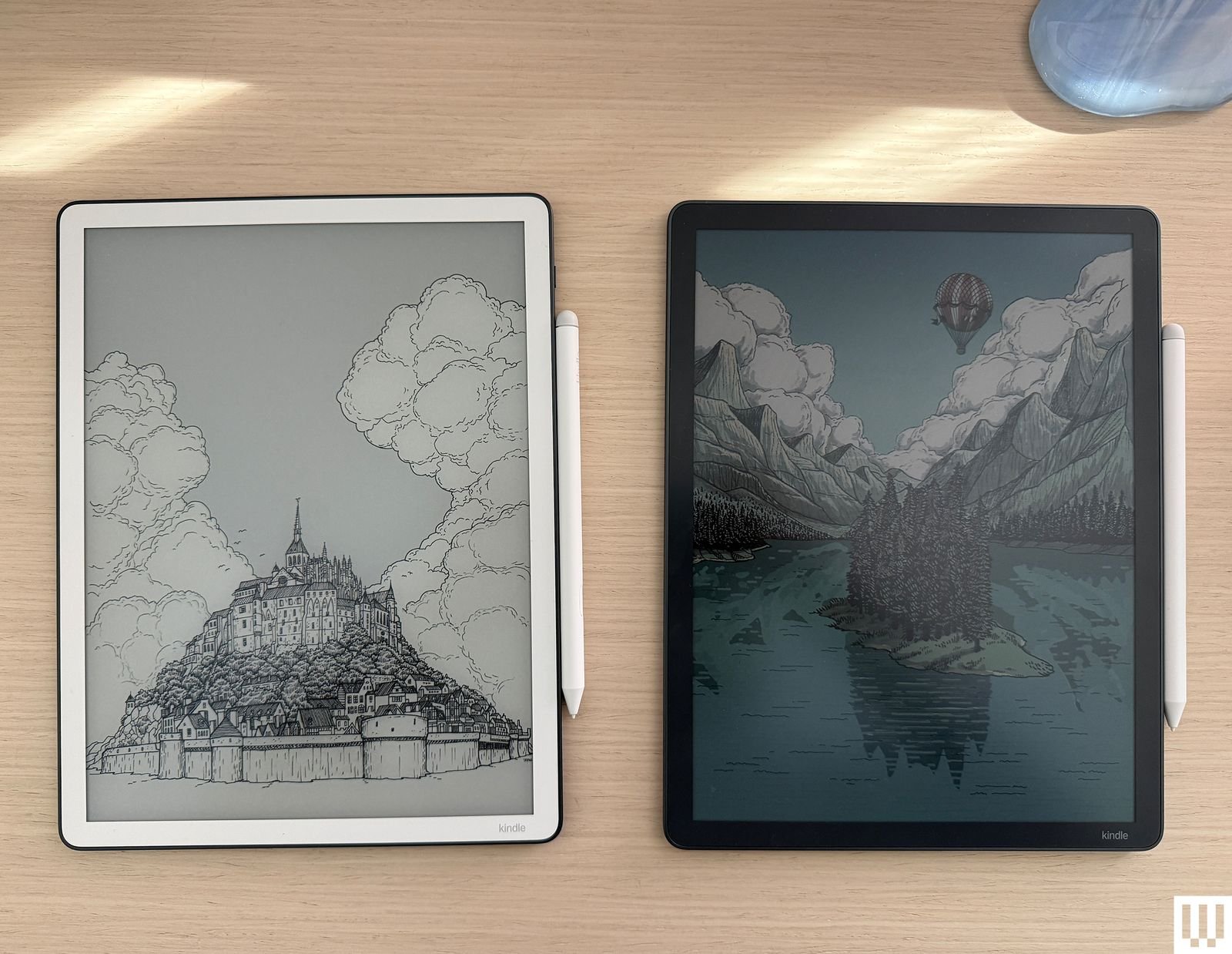 Kindle Scribe Colorsoft and Kindle Scribe along with two digital tablets with an attached pen