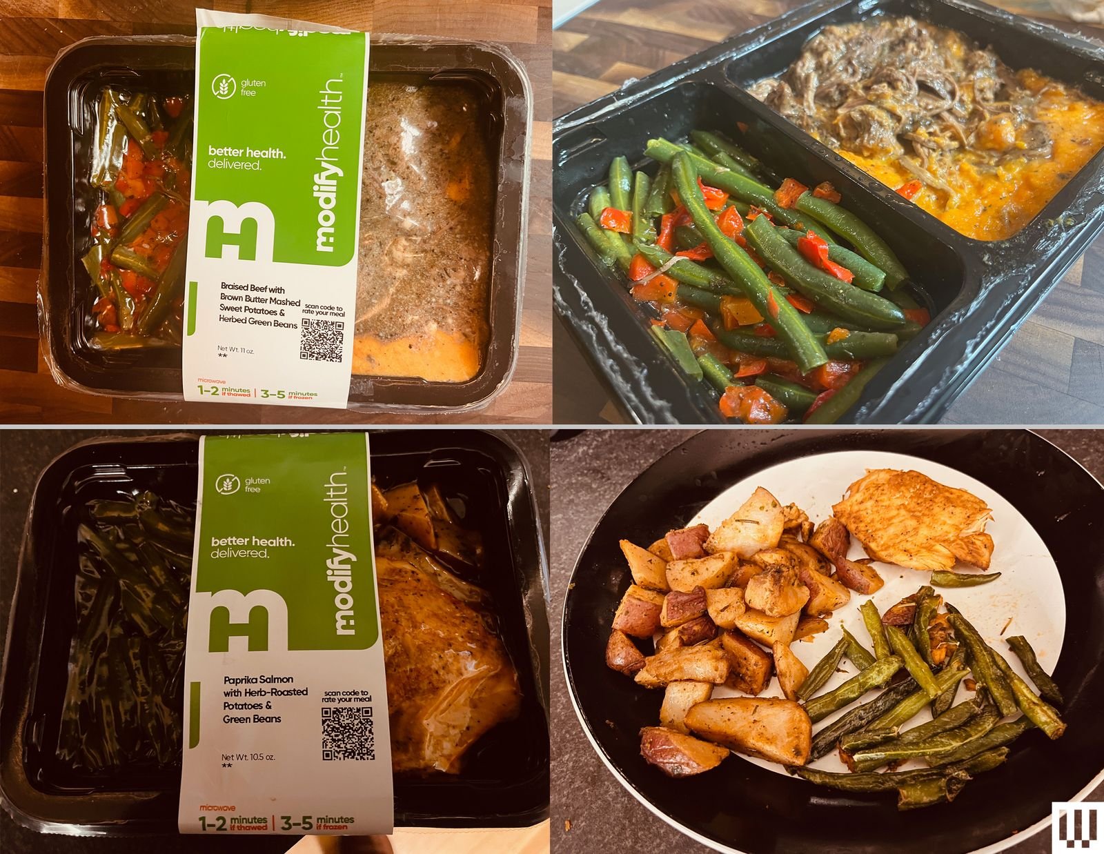 Left side shows two prepackaged meals one of braised beef and the other of paprika salmon. The right shows the cooked meals.