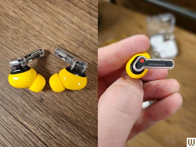 Left: Yellow buds inside the ear on a wooden surface. Right: Hand holding a single bud inside the ear, showing the pop-up panel.