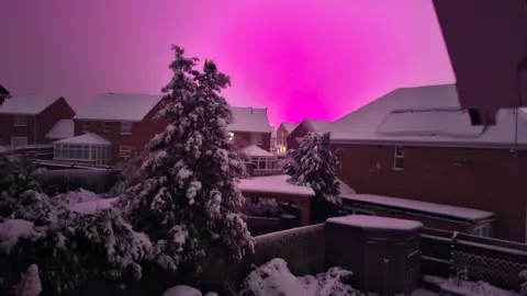 Lord Brockett/BBC Weather Watchers Bright pink skies over snowy roofs and trees in Hednesford, Staffordshire