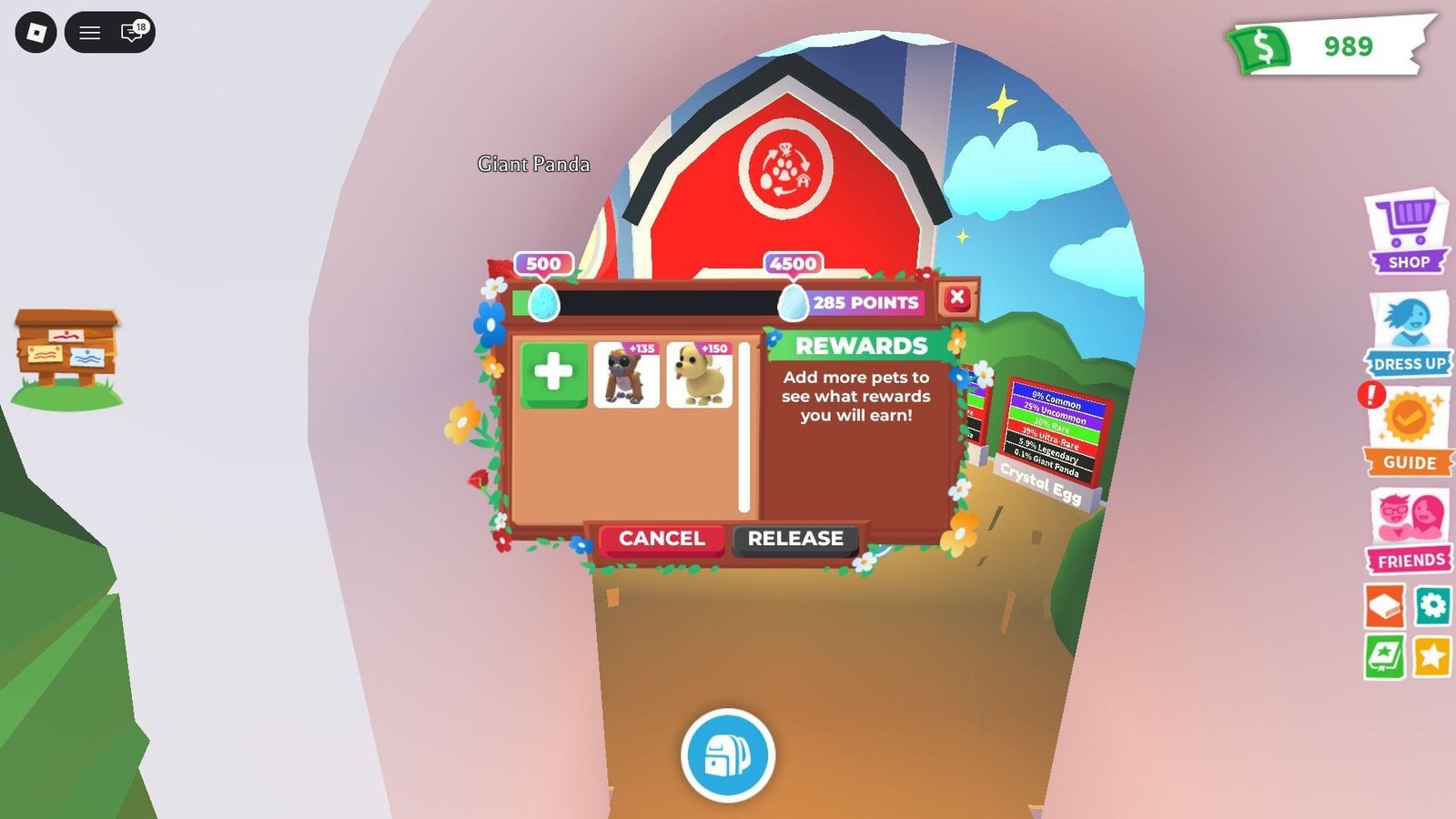 Release pets to earn pet release points (Image via Roblox)