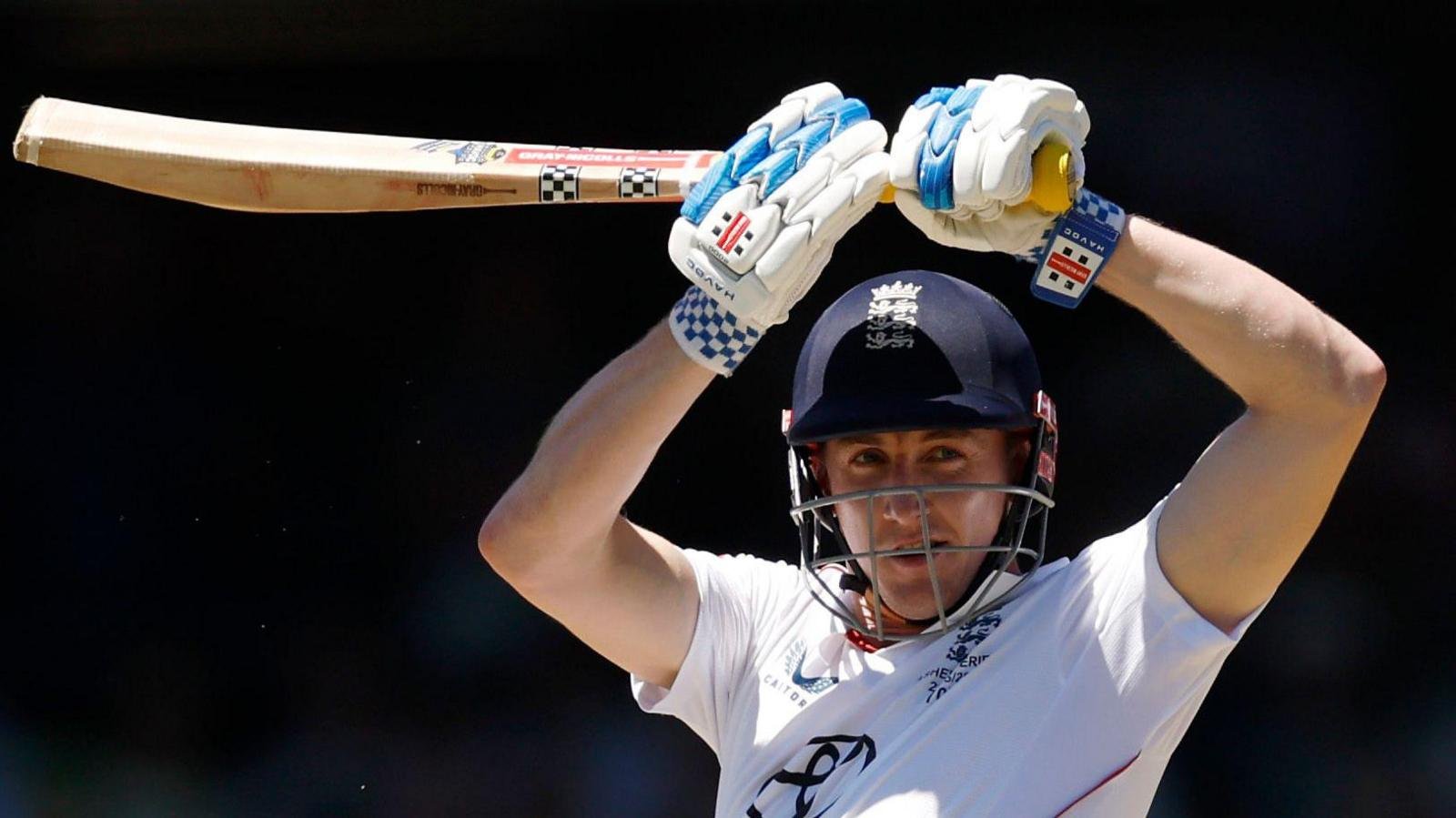 Harry Brook plays an overhead shot