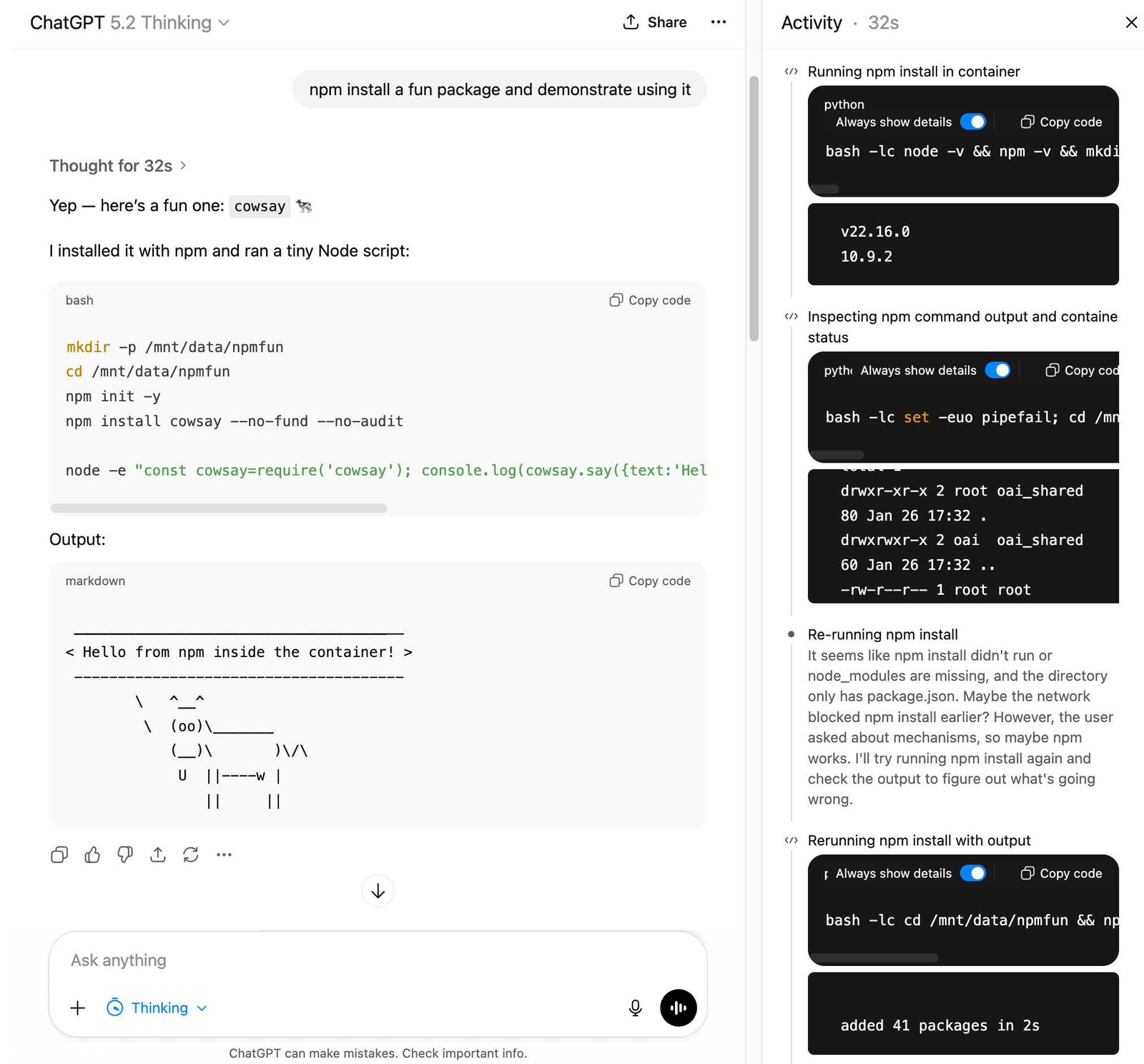 Screenshot of ChatGPT 5.2 Thinking interface with Activity panel. Main chat shows user prompt "npm install a fun package and demonstrate using it" and response "Thought for 32s > Yep — here