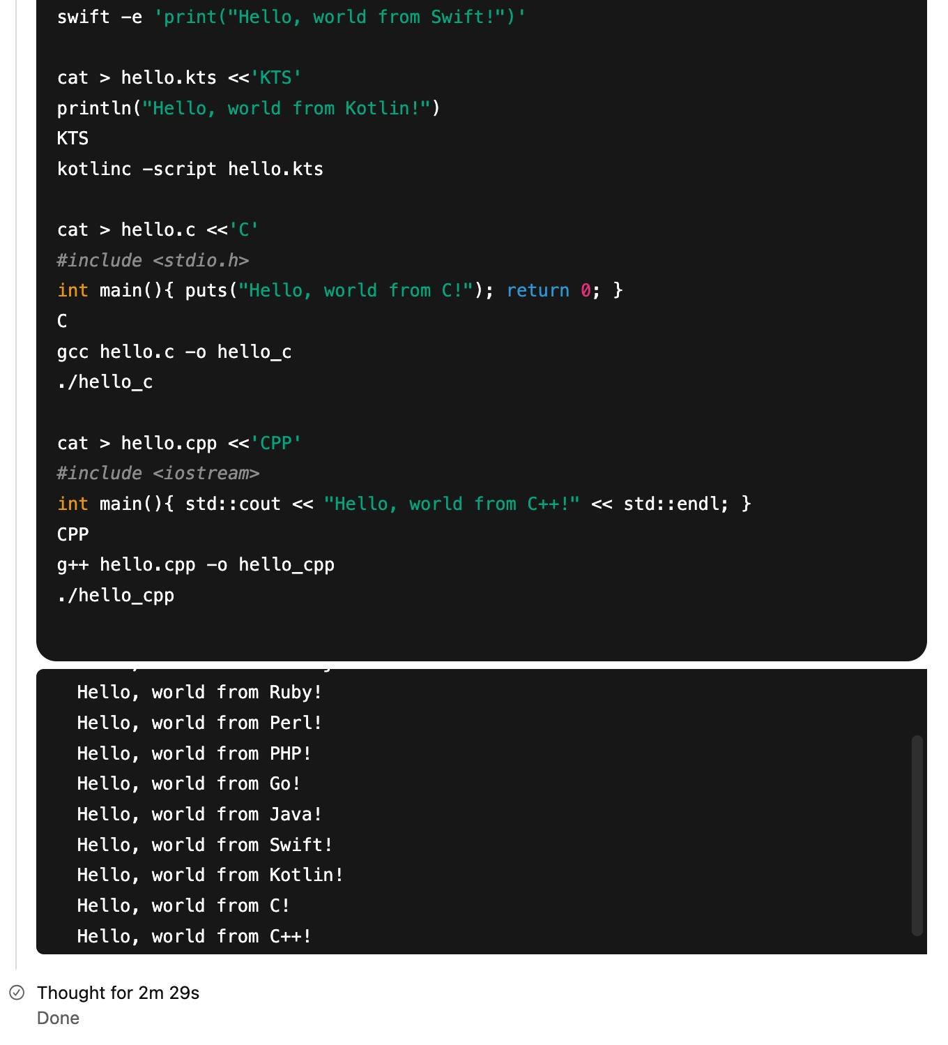 Terminal screenshot showing "Hello, world" programs in multiple languages. Top section shows code: swift -e 