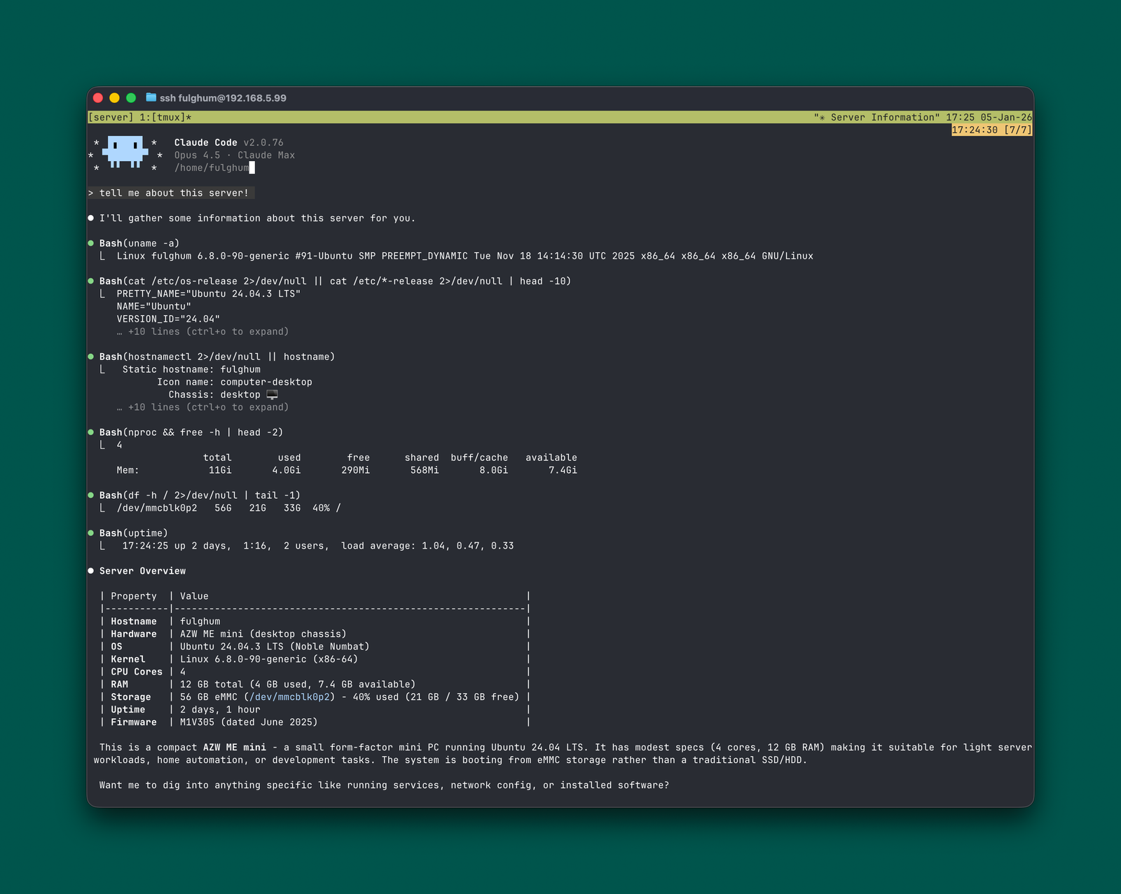 Claude Code running on the Linux server via SSH