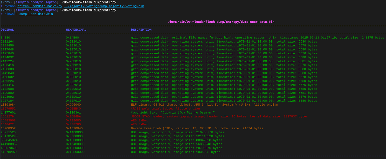 Binwalk output of the correctly defragmented user data section