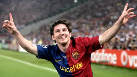 European Press Photo Agency Lionel Messi points to the sky after scoring in the Champions League final. Barcelona