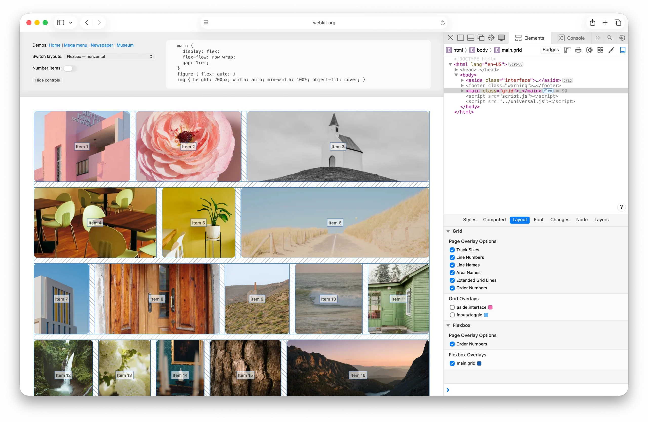Web browser showing photo layout — this time a Flexbox layout. The Web Inspector is open to the Layout tab, and the Flexbox Inspector is enabled. The lines of the layout are marked with dotted lines... and each item is labeled with its order.