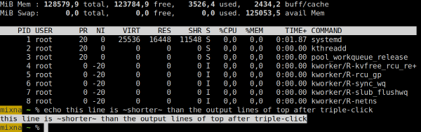 triple-click in foot on an echo output line highlights only the contents, not the whole line