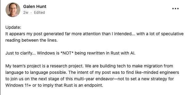 Galen Hunt updated linkedin post