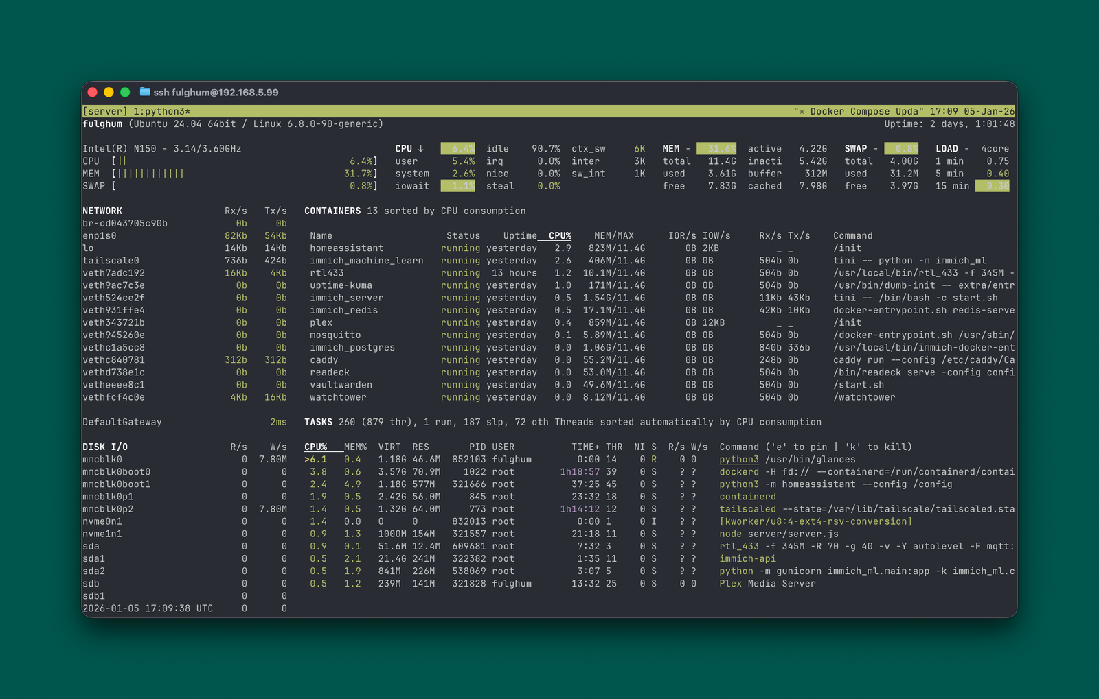 Glances system monitor showing CPU, memory, and container stats