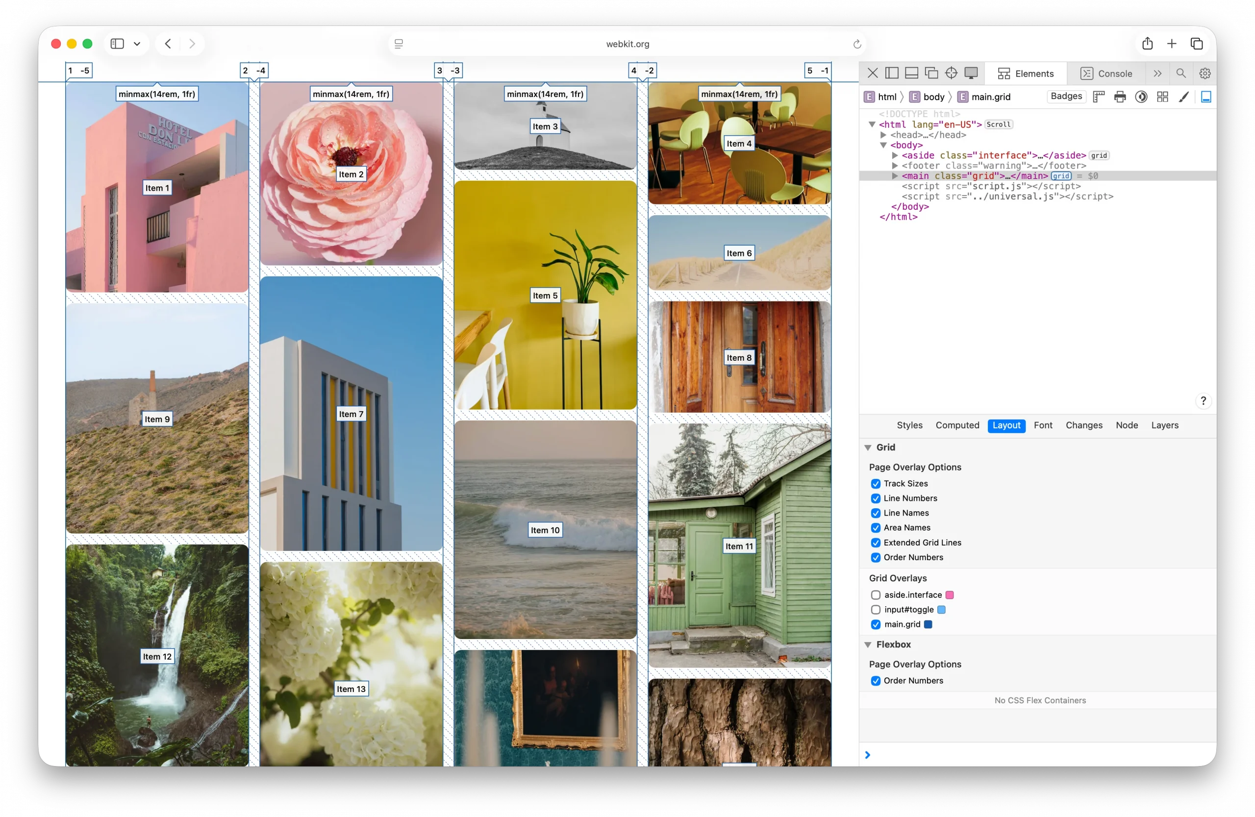 Grid Lanes photo demo in Safari, with Web Inspector open to the Layout panel, and all the tools for the Grid Inspector turned on. Grid lines are marked with dotted lines. Columns are labeled with numbers and sizes. And each photo is marked with a label like Item 1 — which makes it clear the order of content in the layout.