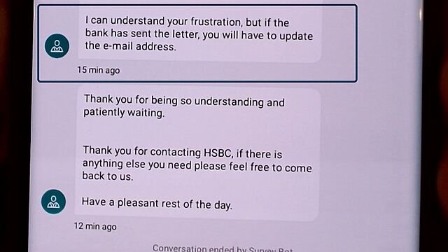 Phone screen showing a live chat interface. The other party says 