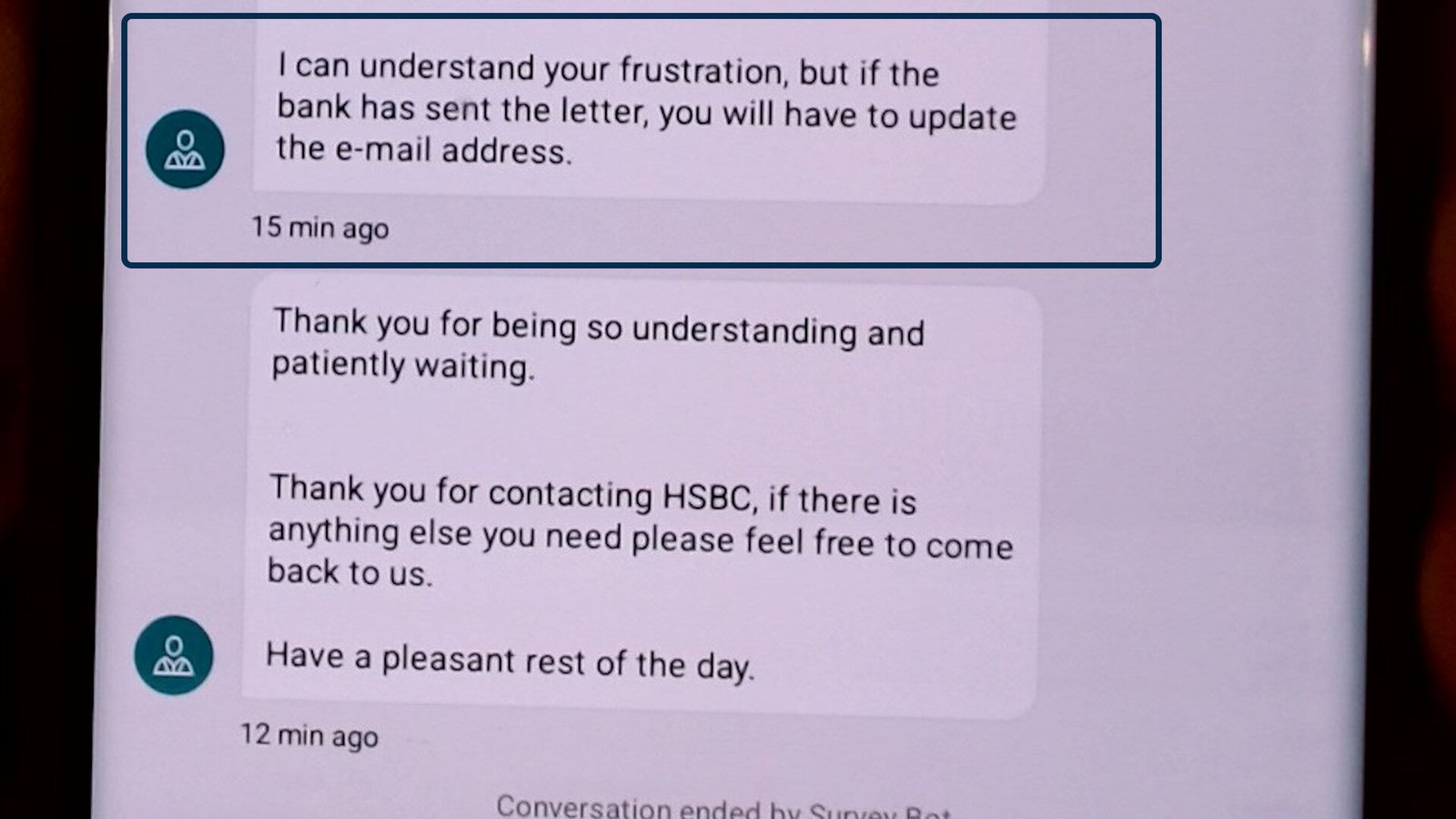 Phone screen showing a live chat interface. The other party says 