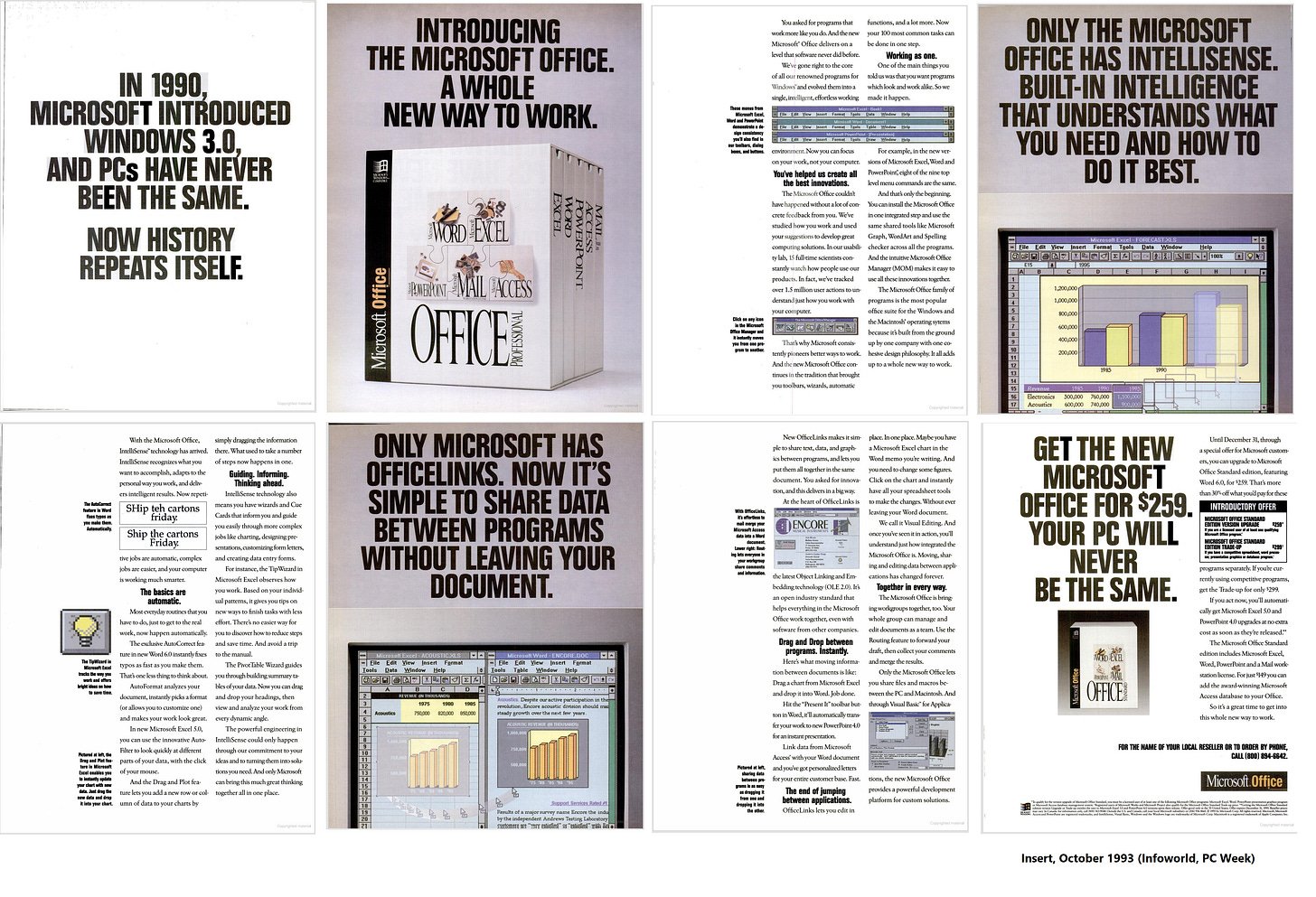 Scan of a 6 page insert in a large format trade publication describing the virtues of Office "A Whole New Way To Work". This from October 1993. Scan of a 6 page insert in a large format trade publication describing the virtues of Office "A Whole New Way To Work". This from October 1993.