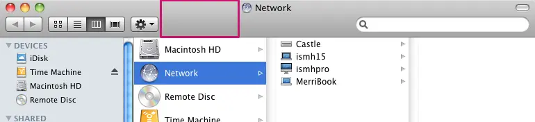 screenshot of OS X Snow Leopard Finder window with toolbar section highlighted