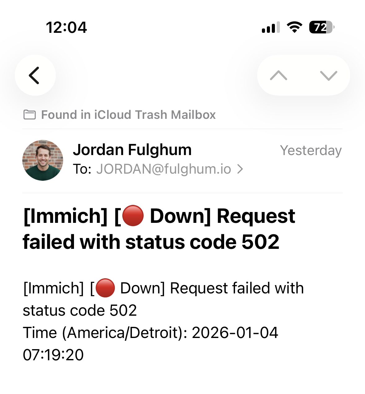 Email inbox showing service up/down alerts