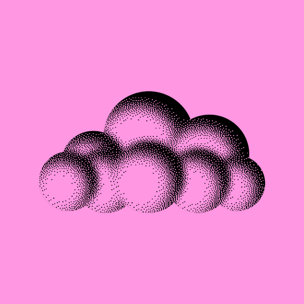 Abstract black halftone cloud illustration on a pink background, representing cloud computing or digital infrastructure.