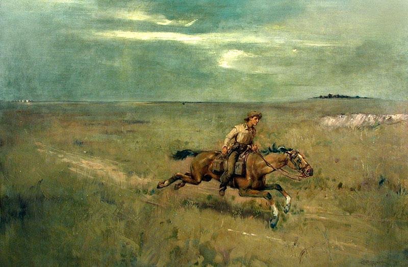 Painting of a Pony Express rider on galloping horse across an expansive grassy landscape under a cloudy sky.