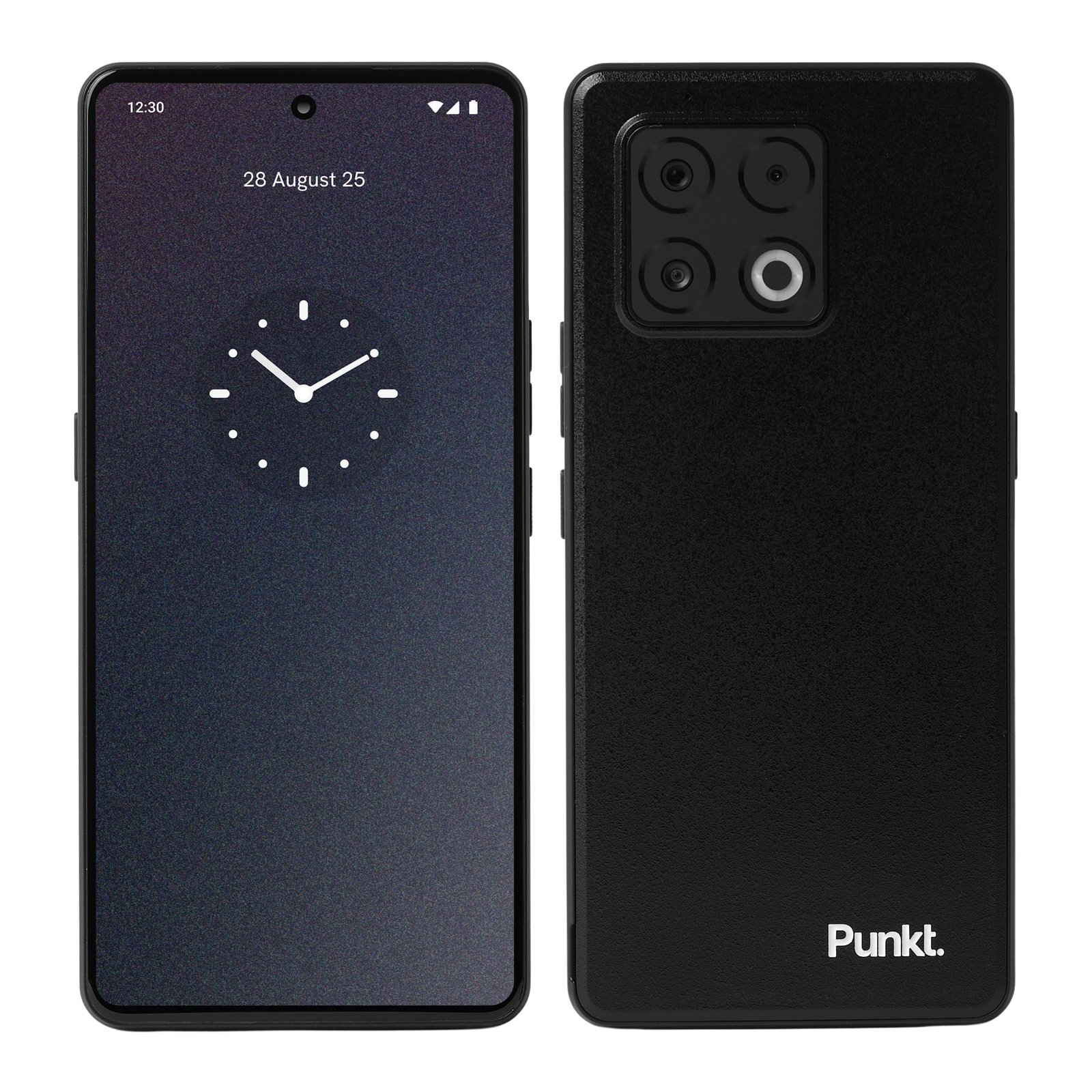 Black smartphone with clock app on screen and 