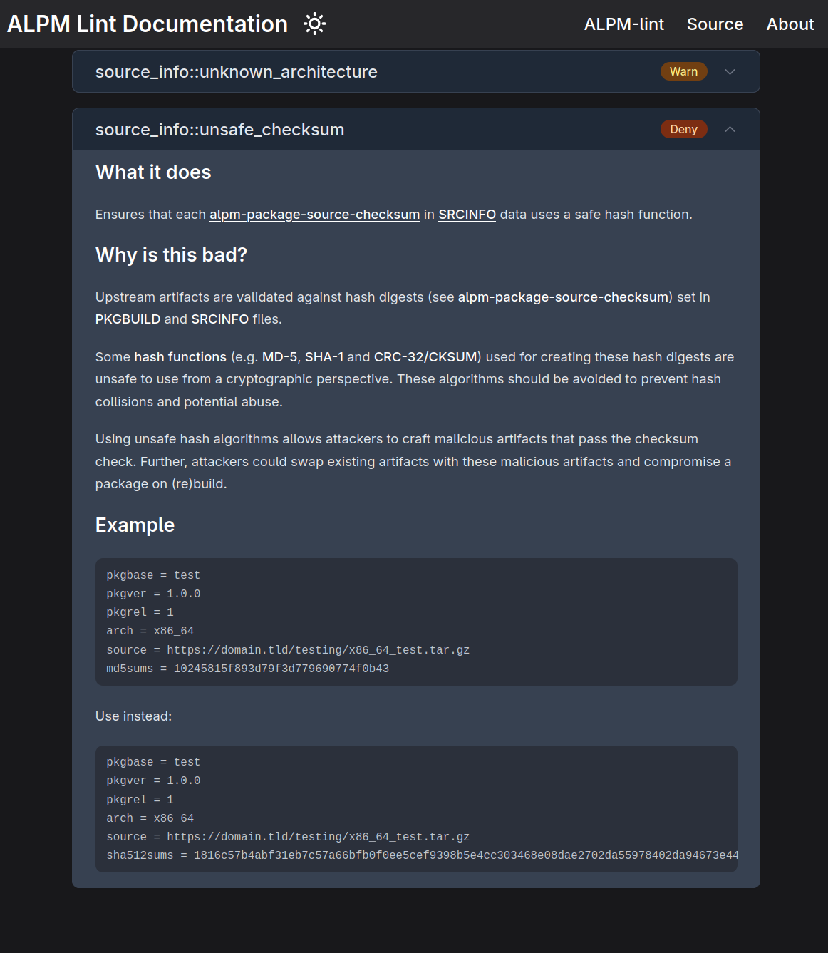 Screenshot of the ALPM lint website with an expanded lint rule A screenshot of the ALPM lint website, showing one collapsed and one expanded lint rule.