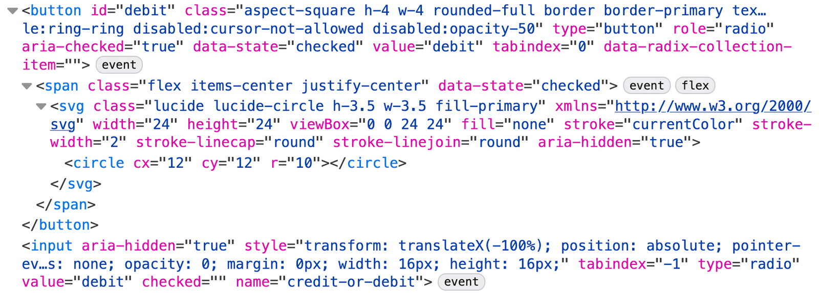 A whole bunch of markup from browser dev tools. It renders a button wrapping a span wrapping a circle. There