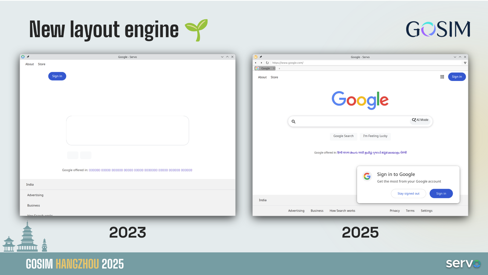 Slide showing screenshots of Servo rendering google.com in January 2025 vs September 2025