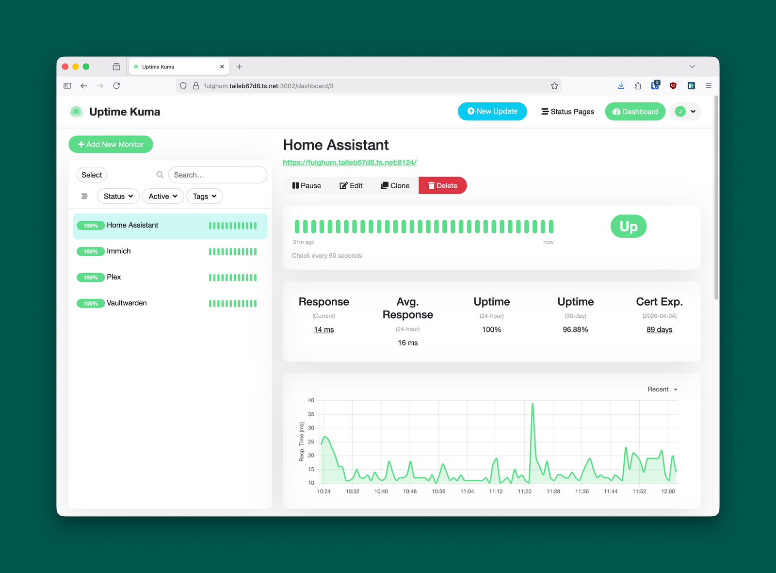 Uptime Kuma dashboard showing service monitoring
