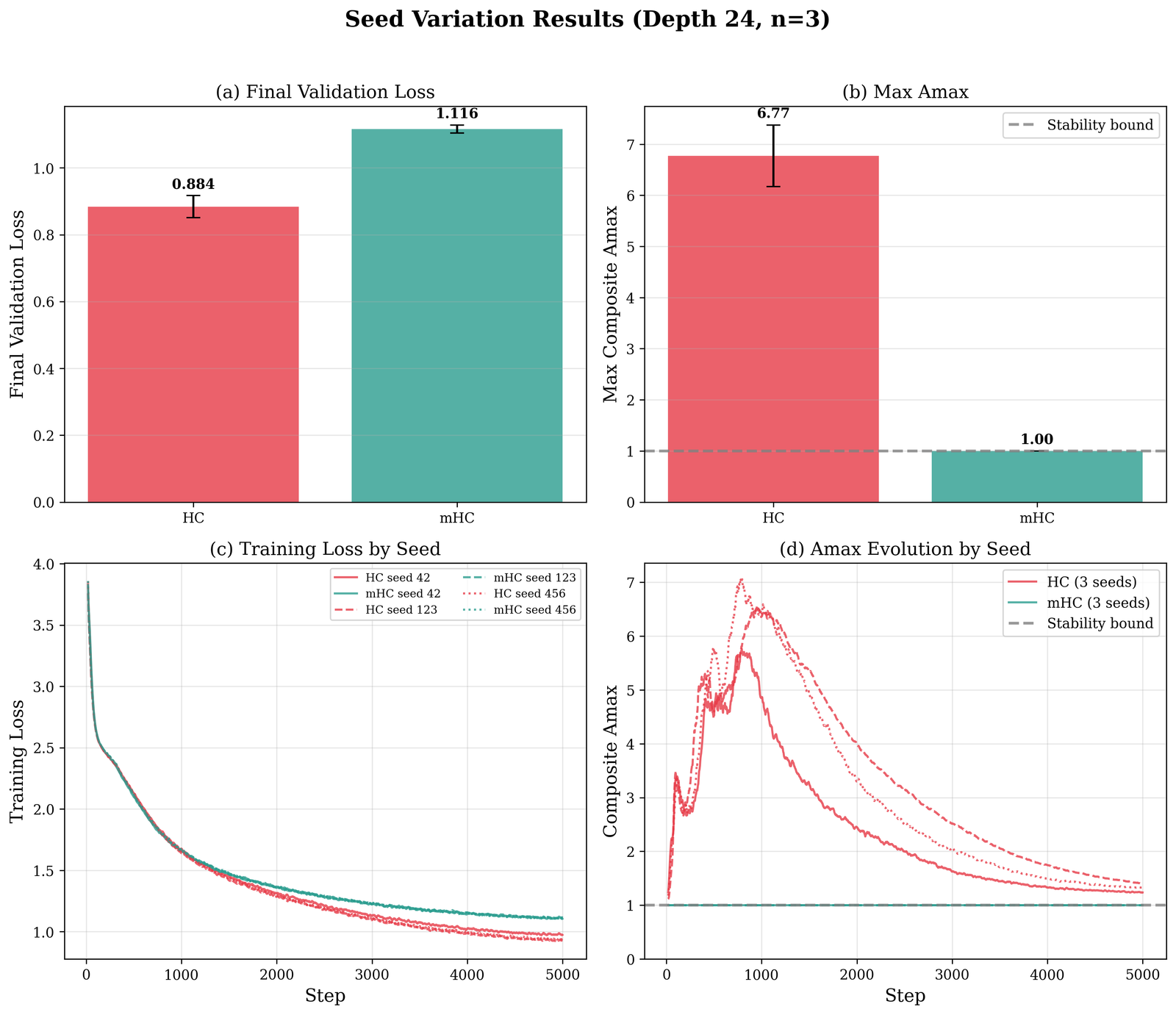 Seed variation showing HC instability vs mHC stability