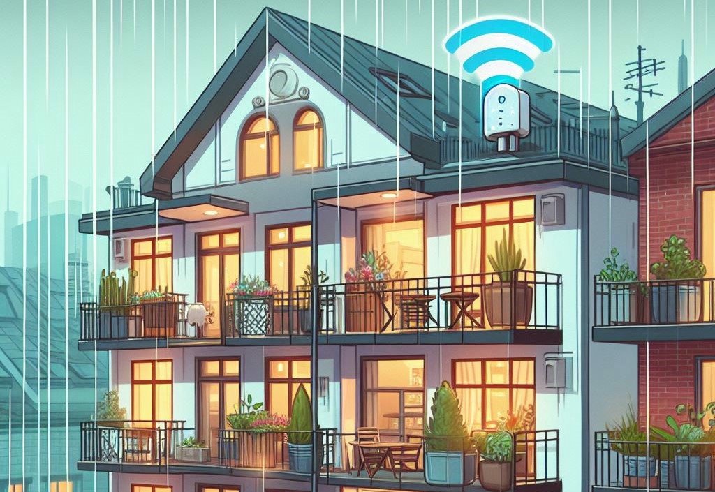 Illustration of a Wi-Fi antenna attached to the exterior of an upper floor of an apartment building. It