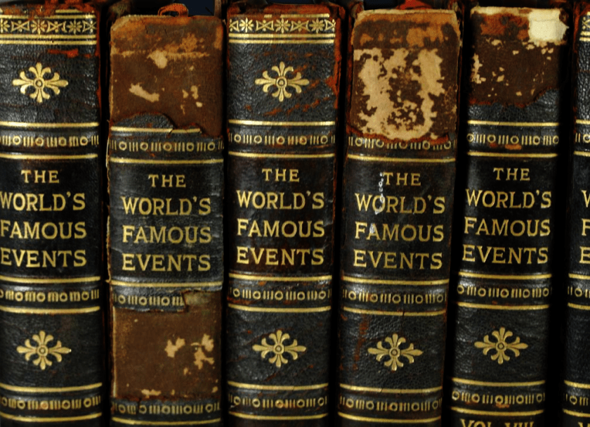 A shelf of leatherbound history books with a gilt-stamped series title,