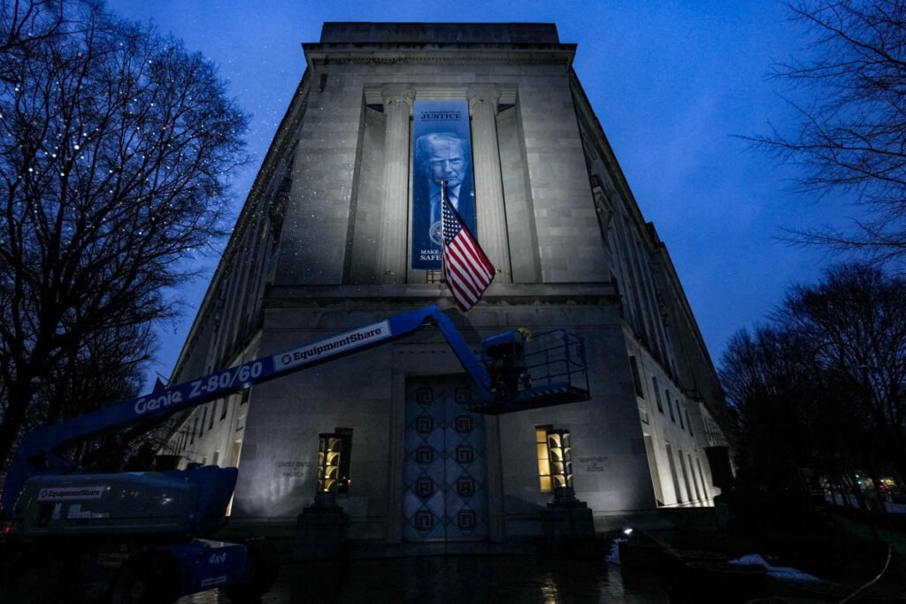 A new banner depicting US President Donald Trump has been placed on the Department of Justice building in Washington, DC