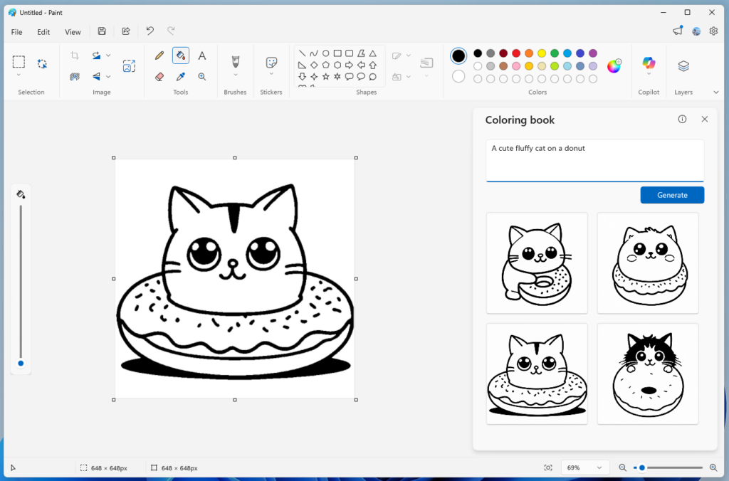Paint app showing a cat on a donut coloring book page.