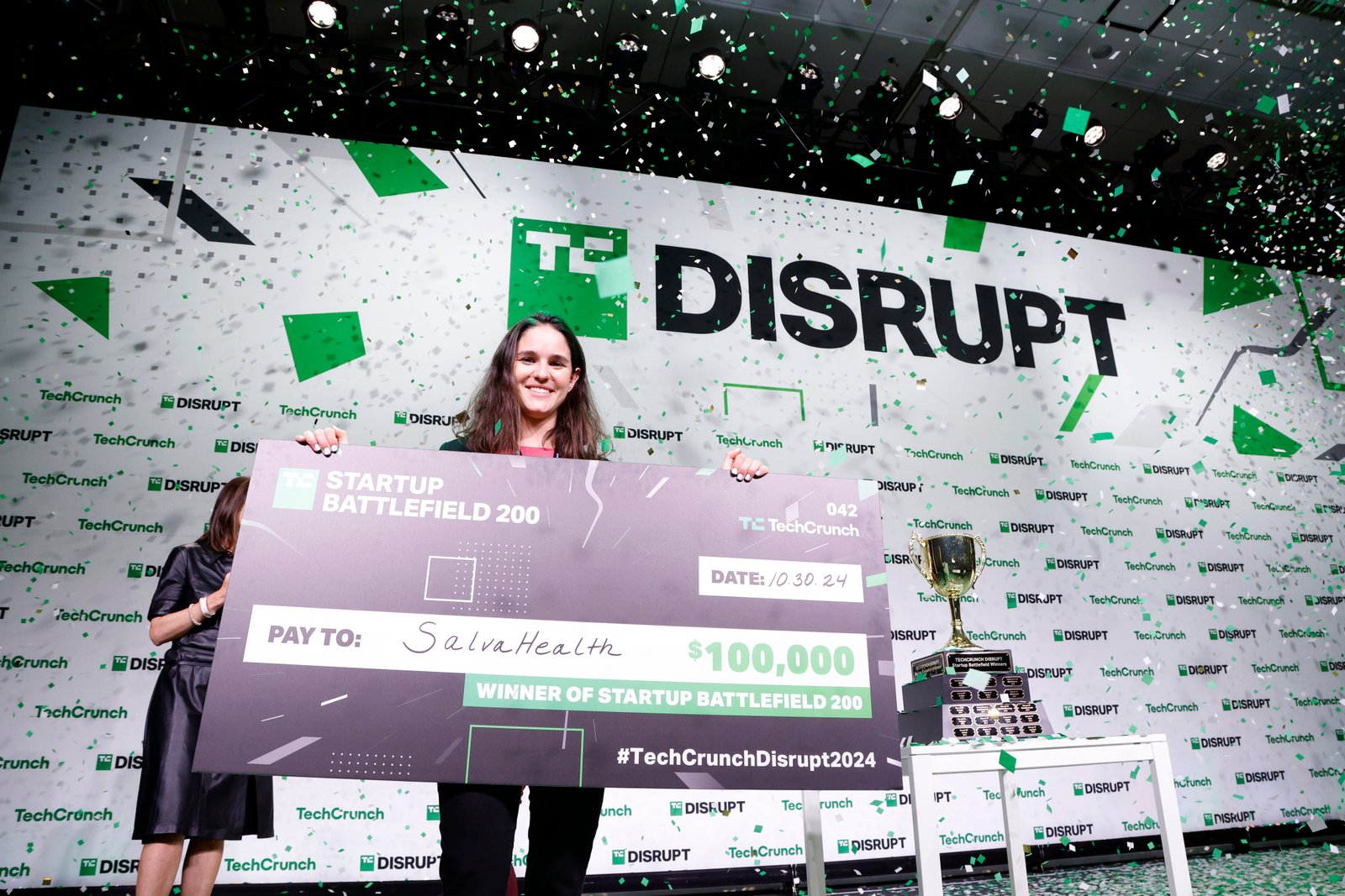 Valentina Agudelo Vargas, co-founder and CEO of Startup Battlefield 2024 winner Salva Health, stands on stage during day 3 of TechCrunch Disrupt 2024 at Moscone Center on October 30, 2024 in San Francisco.